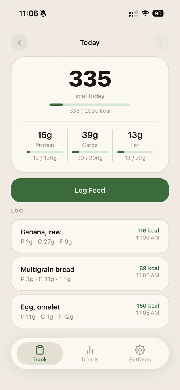 Daily summary showing calories, protein, carbs, and fat with the day's food entries