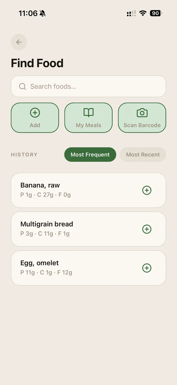 A list of recently logged foods ready to add again in one tap
